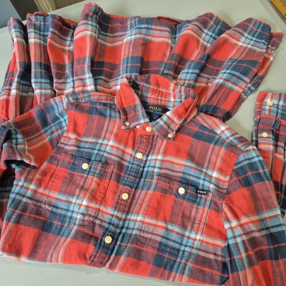 Polo Ralph Lauren Shirt Dress Girls 14 Red Plaid Flannel Tiered Midi Holiday